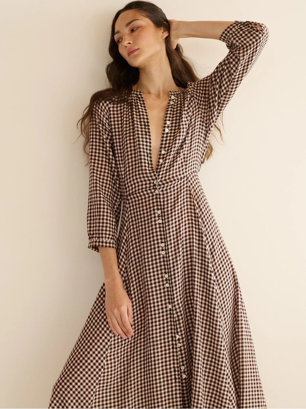 NWT Doen Madelaine Cotton Button 3/4 Long Sleeve Midi Maxi Dress Delphine Plaid